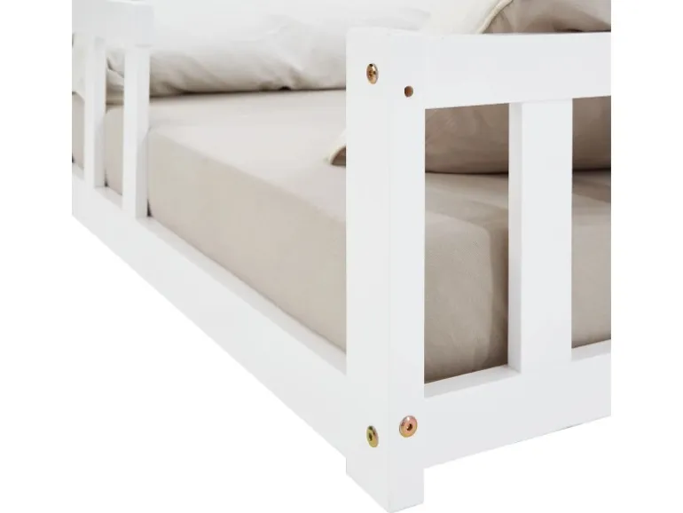 Homestyle4u Kinderbett Weiß mit Rausfallschutz 120x200 cm Bodenbett Lattenrost Matratze 3026