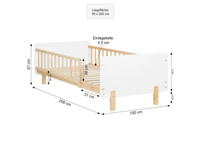 Homestyle4u Kinderbett 90x200 mit Raufallschutz Lattenrost Weiß 2604