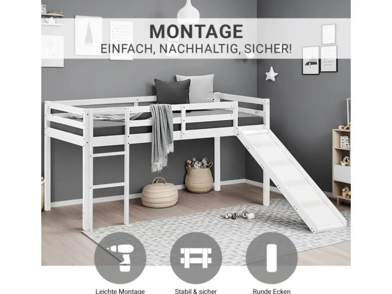 Homestyle4u Kinderbett 90x200 mit Rutsche in Weiß 1434