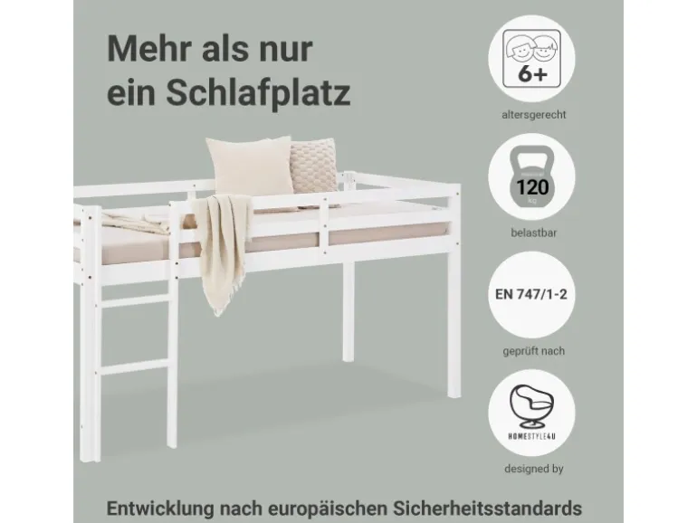 Homestyle4u Kinderbett 90x200 mit Lattenrost in Weiß 2252