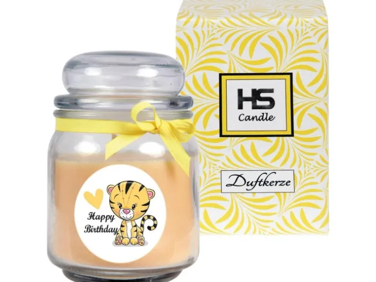 HS Candle Duftkerze & Bonbon Glas Geburtstag Vanille Gelb