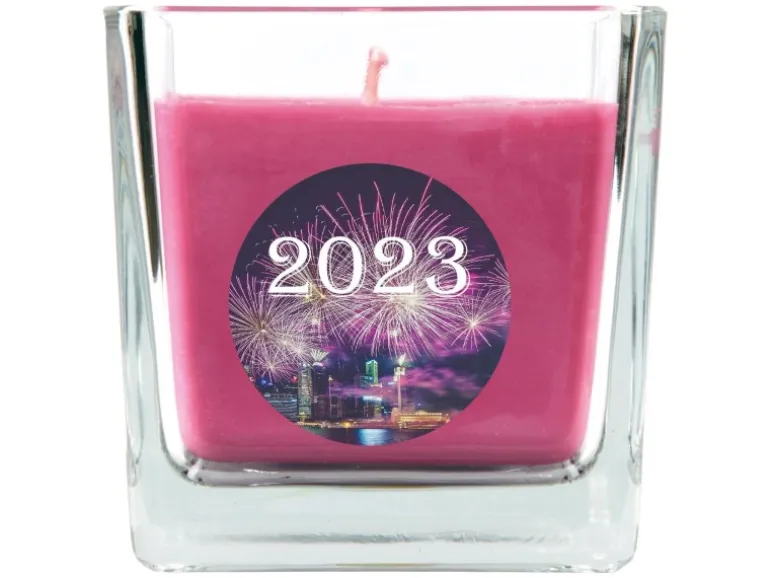 HS Candle Duftkerze & Glas Neujahr Lila Bonbon 50h