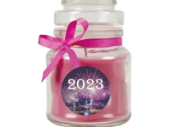 HS Candle Duftkerze & Glas Neujahr Lila Bonbon 30h