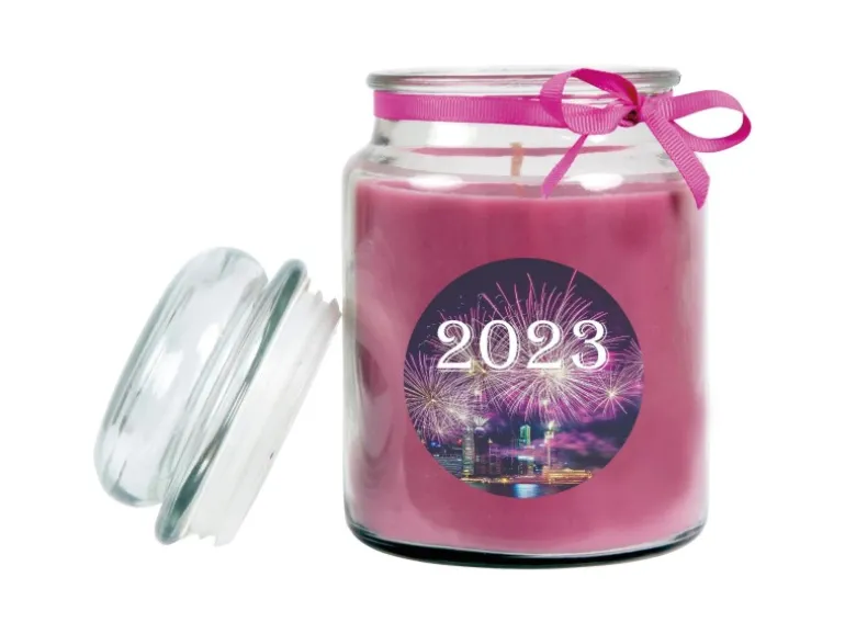 HS Candle Duftkerze & Glas Neujahr Lila Bonbon 110h