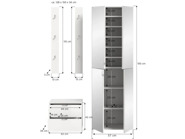 Inn.Furn Garderoben-Set 4-teilig in Weiß Hochglanz 128 cm SystemX