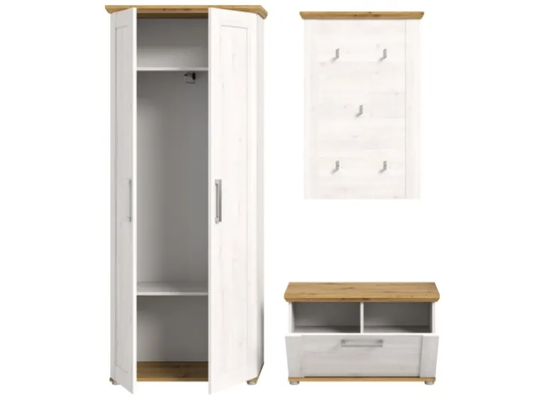 Inn.Furn Garderoben-Set 3-teilig Weiß Lärche 175 cm Landhaus-Stil Mirano
