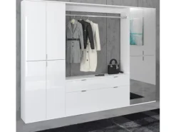 Inn.Furn Garderoben-Set 4-teilig Weiß Hochglanz 243 cm mit Spiegel SystemX