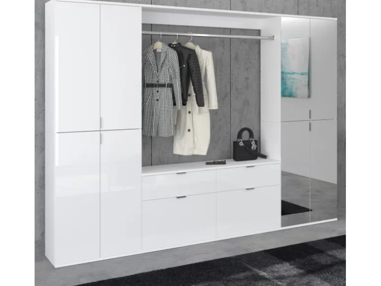 Inn.Furn Garderoben-Set 4-teilig Weiß Hochglanz 243 cm mit Spiegel SystemX