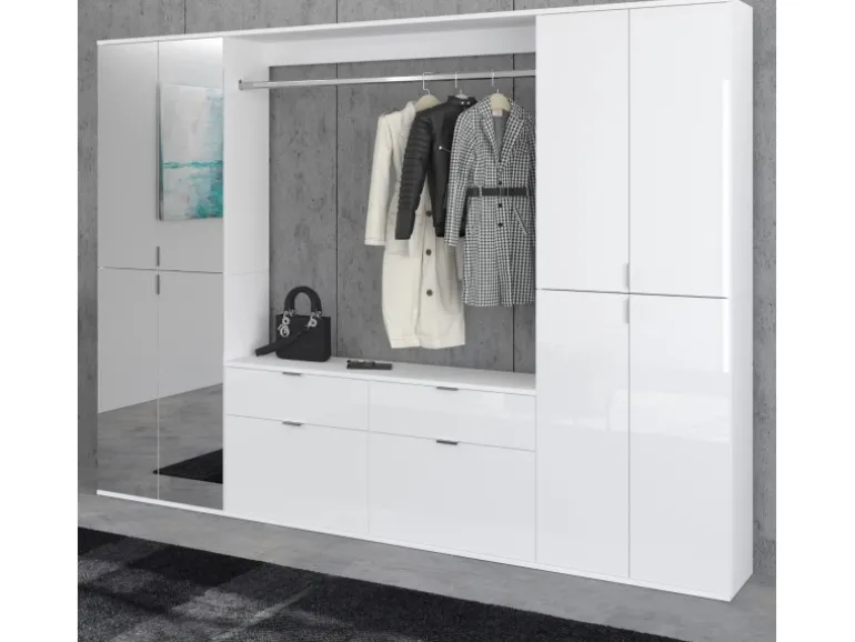 Inn.Furn Garderoben-Set 4-teilig Weiß Hochglanz 243 cm mit Spiegel SystemX