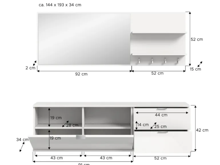 Inn.Furn Garderoben-Set 4-teilig in Weiß Hochglanz 144 cm SystemX