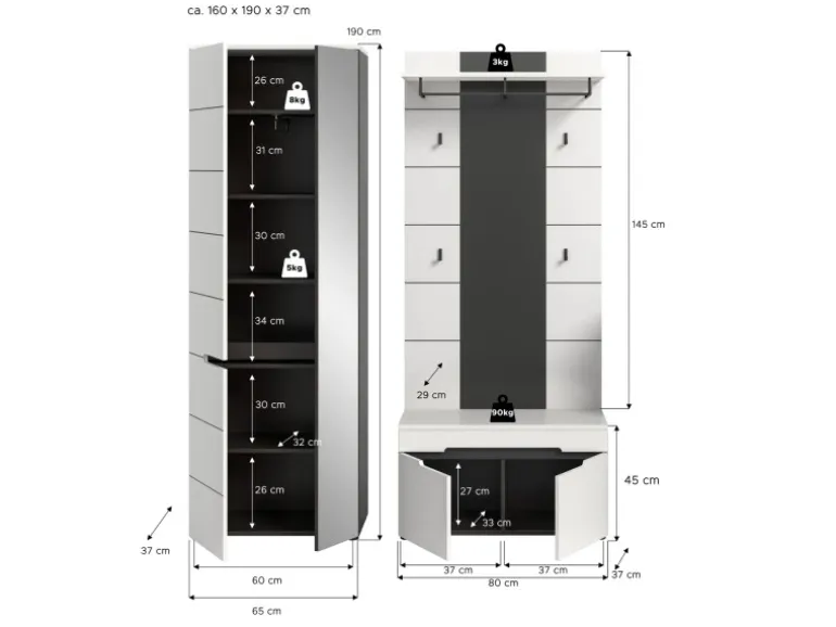 Inn.Furn Garderoben-Set 3-teilig in Weiß und Grau 160 cm Cooper