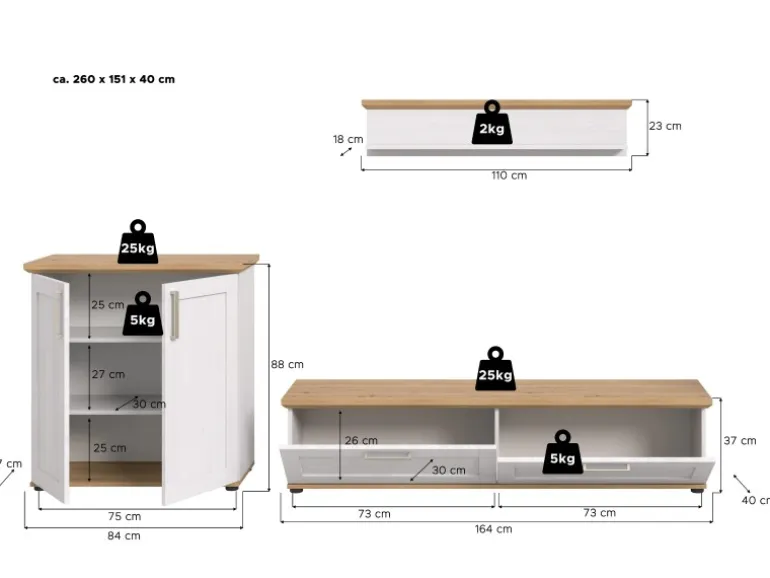 Inn.Furn Wohnwand 3-teilig in Weiß Lärche Landhaus 260 cm Mirano