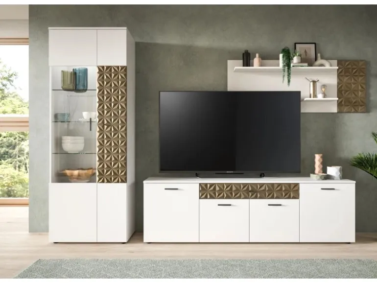 Inn.Furn Wohnwand Weiß Gold 3-teilig 305 cm Fühlbare 3D-Struktur Relief