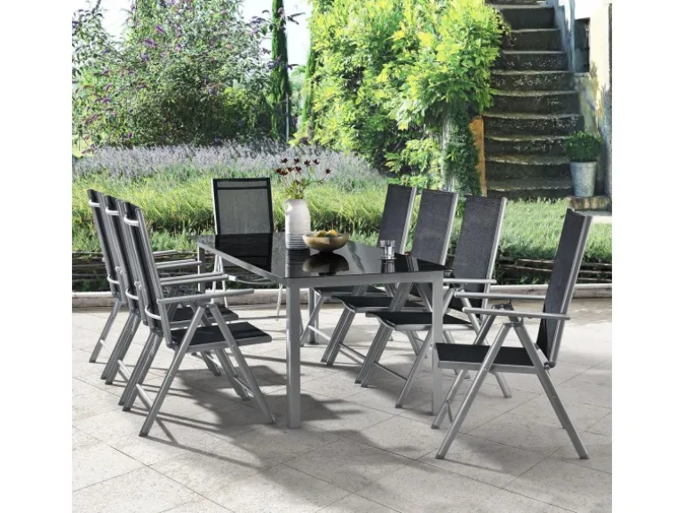 Juskys Aluminium Gartengarnitur Milano 9 Teilig mit Tisch und 8 Stühlen Silbergrau