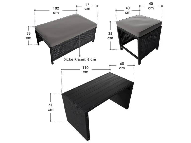 Juskys 2in1 Polyrattan Relax Gartenmöbel Set Jamaika Schwarz Grau