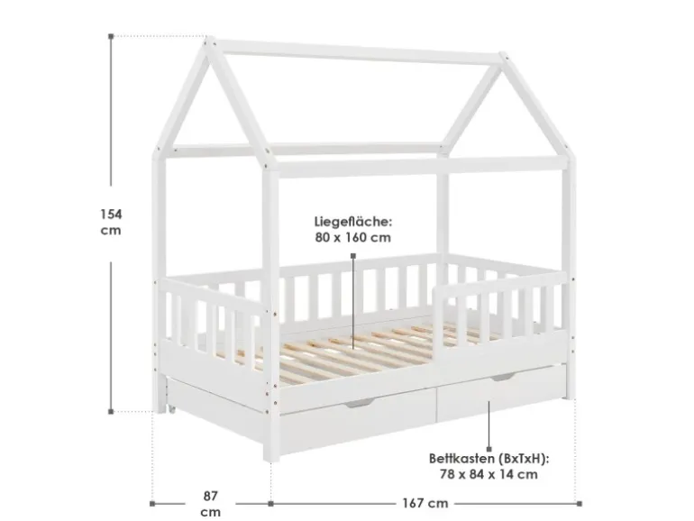 Juskys Kinderbett Marli 80 x 160 cm mit Bettkasten Weiß