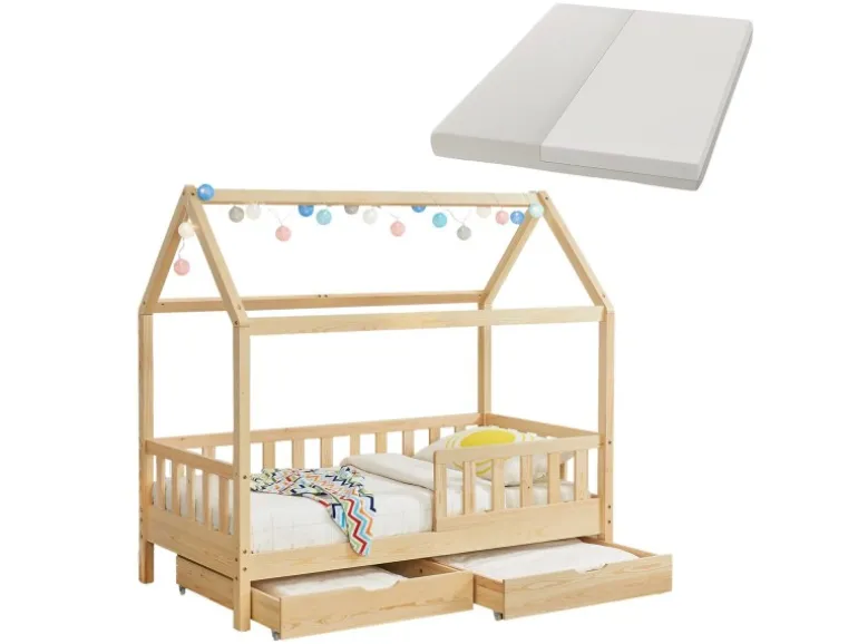 Juskys Kinderbett Marli 80 x 160 cm mit Bettkasten und Matratze Natur