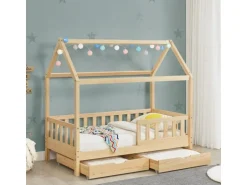 Juskys Kinderbett Marli 80 x 160 cm mit Bettkasten und Matratze Natur