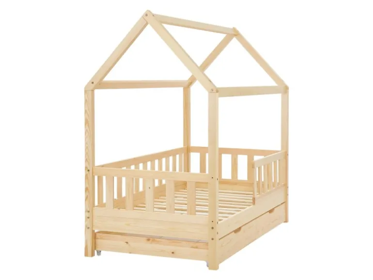 Juskys Kinderbett Marli 80 x 160 cm mit Bettkasten und Matratze Natur
