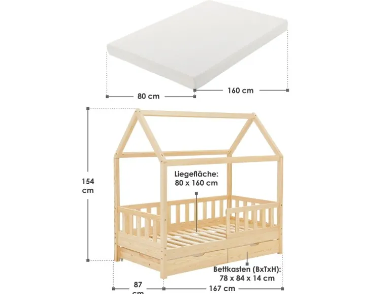 Juskys Kinderbett Marli 80 x 160 cm mit Bettkasten und Matratze Natur
