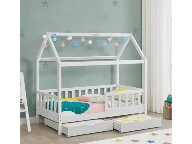 Juskys Kinderbett Marli 80 x 160 cm mit Bettkasten und Matratze Weiß