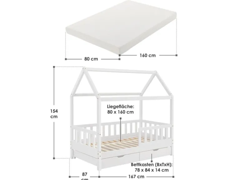 Juskys Kinderbett Marli 80 x 160 cm mit Bettkasten und Matratze Weiß