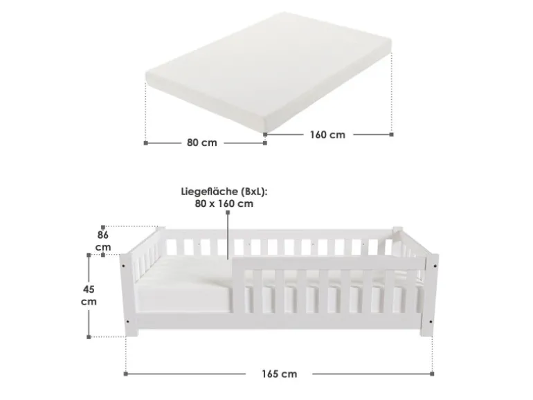 Juskys Kinderbett Naya 80 x 160 cm mit Matratze Weiß