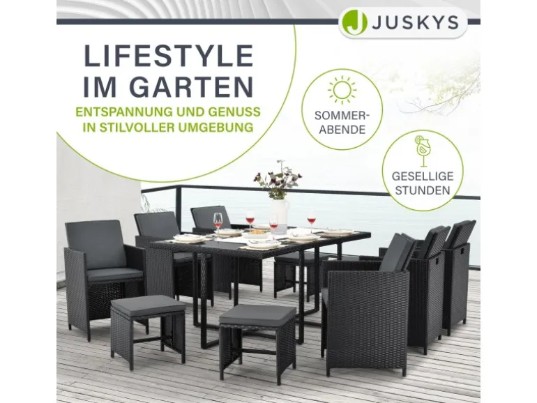 Juskys Polyrattan Essgruppe Baracoa XL 11 Teilig Schwarz