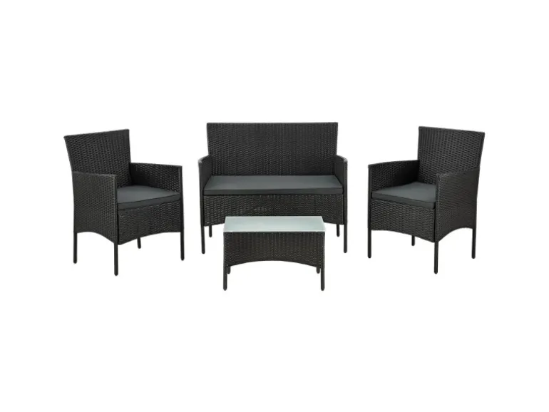 Juskys Polyrattan Gartenmöbel Sitzgruppe Fort Myers Schwarz und Dunkelgraue Bezüge