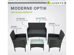 Juskys Polyrattan Gartenmöbel Sitzgruppe Fort Myers Schwarz und Dunkelgraue Bezüge