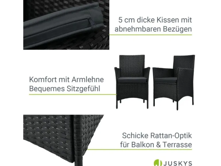 Juskys Polyrattan Gartenmöbel Balkon Set Bayamo in Schwarz mit Bezügen in Dunkelgrau