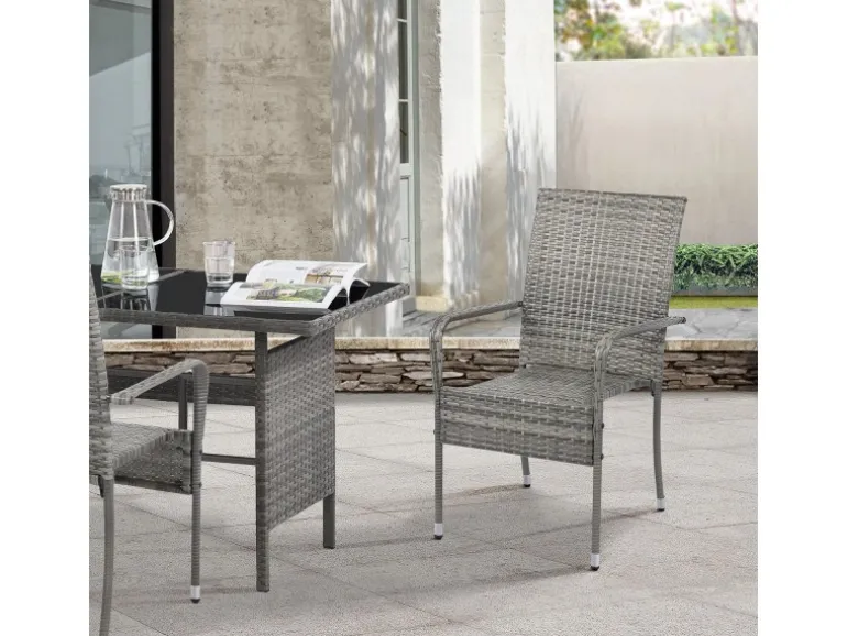 Juskys Polyrattan Gartenstühle Yoro 6er Set Stapelbar mit Armlehnen Grau Meliert