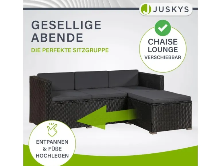 Juskys Polyrattan Lounge Sitzgarnitur Punta Cana L Schwarz mit Bezügen in Dunkelgrau