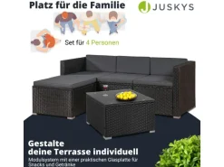 Juskys Polyrattan Lounge Sitzgarnitur Punta Cana M Schwarz mit Bezügen in Dunkelgrau