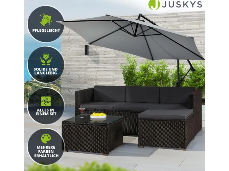 Juskys Polyrattan Lounge Sitzgarnitur Punta Cana M Schwarz mit Bezügen in Dunkelgrau