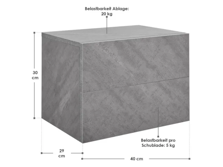 Juskys Wandschrank Nachttisch 40x29x30 cm mit 2 Schubladen Betonoptik