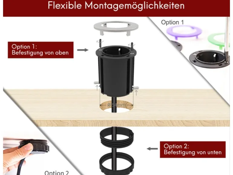 kalb Einbausteckdose 230VAC Tischsteckdose 54mm Rund Für Montage In Und An Möbeln mit EU-Stecker