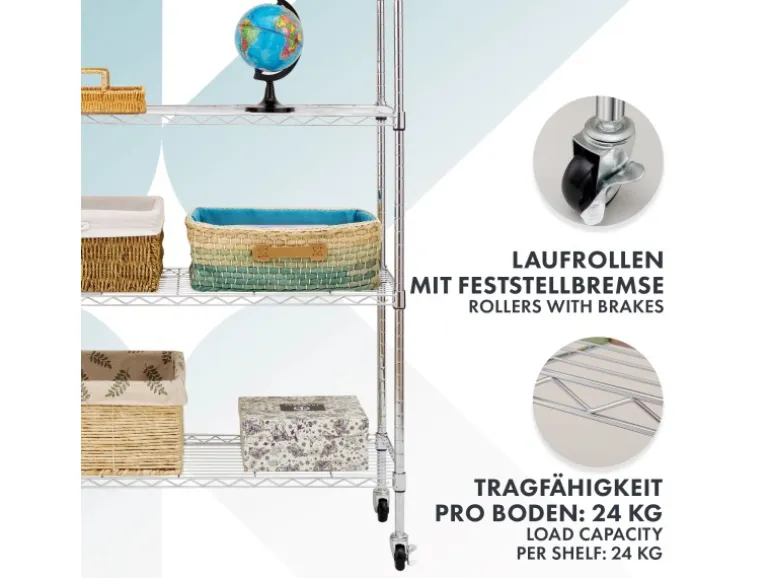 KARAT Gitterregal Maya mit Rollen und Feststellbremse 5 Böden 89 x 34 x 150 cm Verchromt