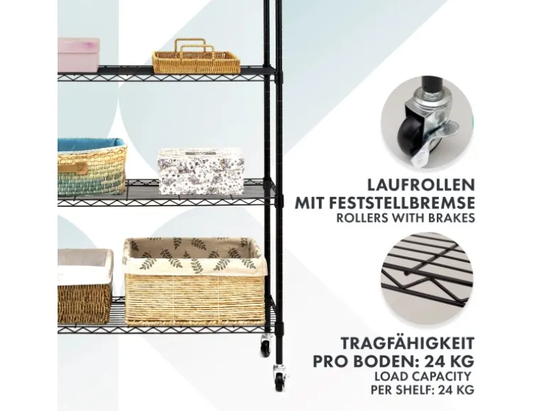 KARAT Gitterregal Maya mit Rollen und Feststellbremse 5 Böden 89 x 34 x 150 cm Schwarz
