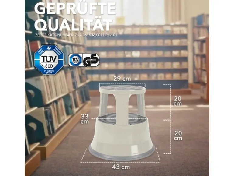 KARAT Rollhocker Elefantenfuß Rolltritt aus Stahl - Hocker für Büro oder Gewerbe 150 kg Belastbar TÜV-geprüft - Lichtgrau