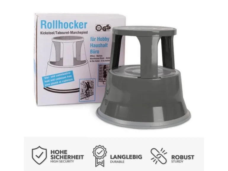 KARAT Rollhocker Elefantenfuß Rolltritt aus Stahl - Hocker für Büro oder Gewerbe 150 kg Belastbar TÜV-geprüft - Grau