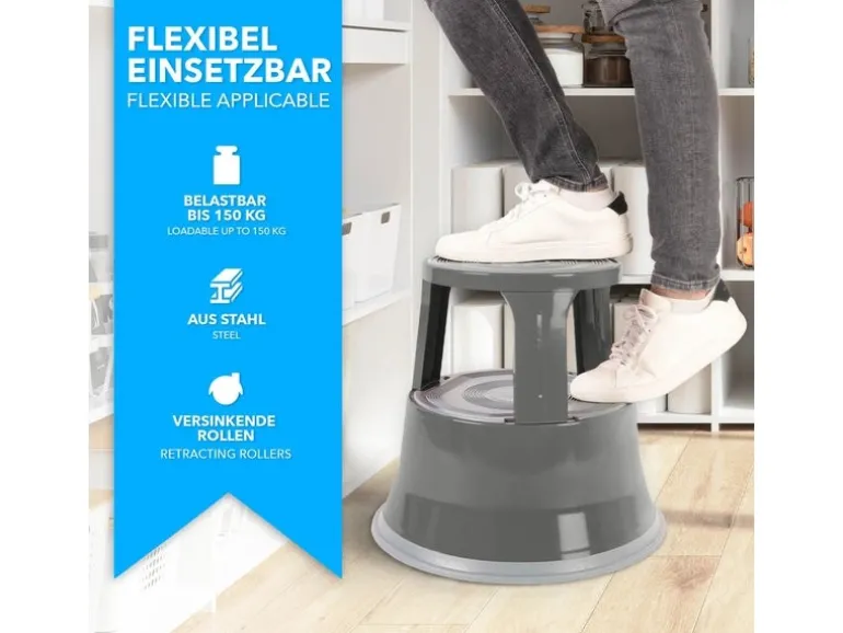 KARAT Rollhocker Elefantenfuß Rolltritt aus Stahl - Hocker für Büro oder Gewerbe 150 kg Belastbar TÜV-geprüft - Grau