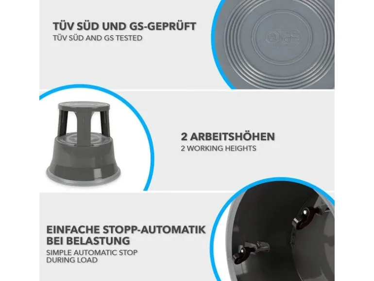 KARAT Rollhocker Elefantenfuß Rolltritt aus Stahl - Hocker für Büro oder Gewerbe 150 kg Belastbar TÜV-geprüft - Grau