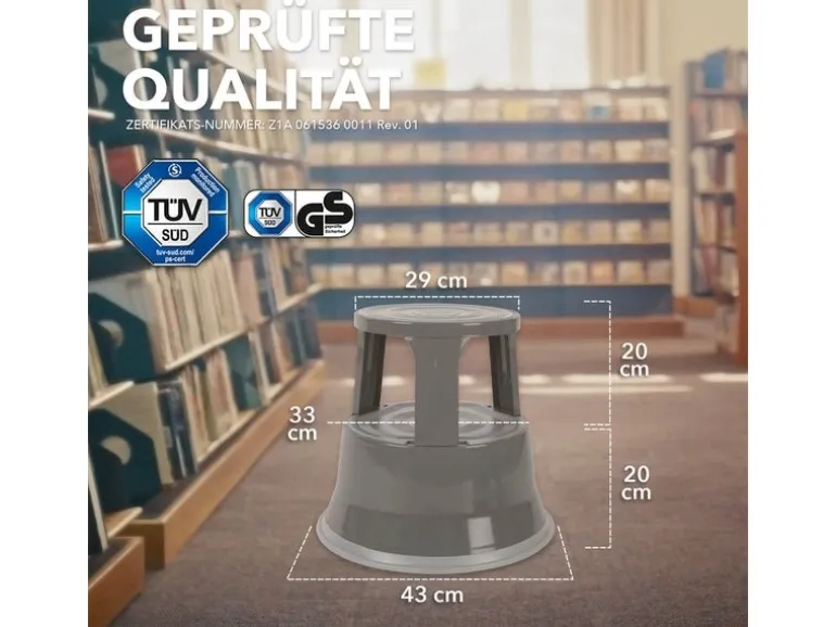 KARAT Rollhocker Elefantenfuß Rolltritt aus Stahl - Hocker für Büro oder Gewerbe 150 kg Belastbar TÜV-geprüft - Grau