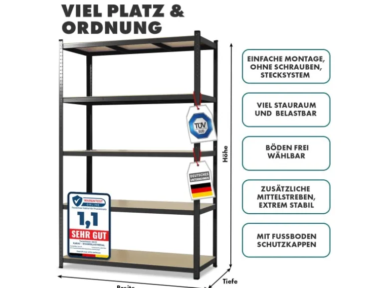 KARAT Schwerlastregal 750 kg Traglast Schwarz 150 x 70 x 30 cm