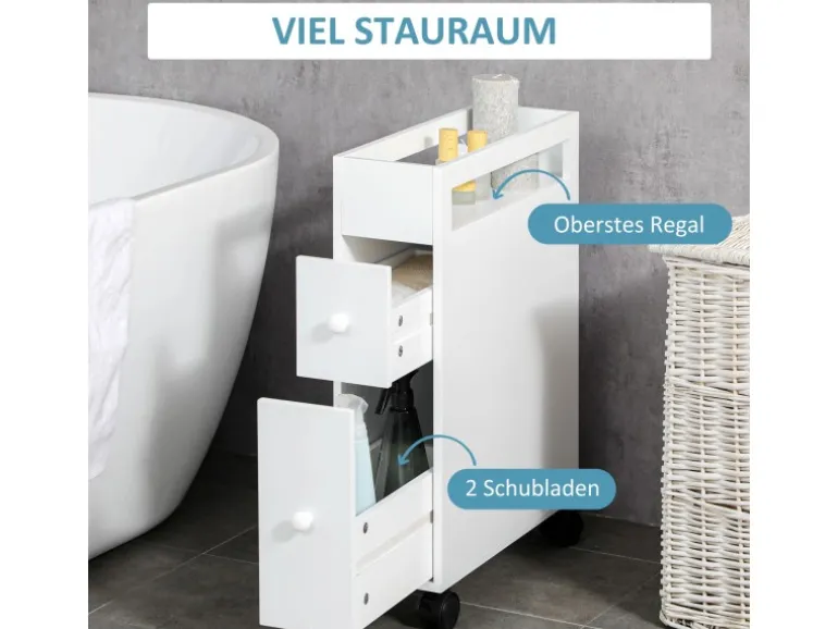 Kleankin Badezimmerschrank mit Rollen 2 Schubladen 16 x 49,5 x 66 cm