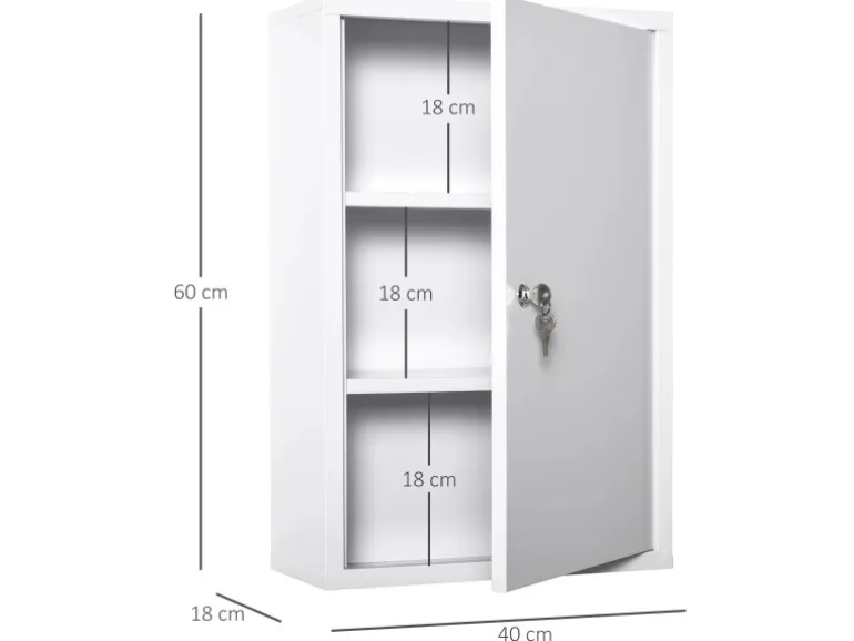 Kleankin Medizinschrank mit Schloss 3 Fächer Stahl Weiß 40 x 18 x 60 cm