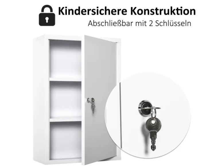 Kleankin Medizinschrank mit Schloss 3 Fächer Stahl Weiß 40 x 18 x 60 cm