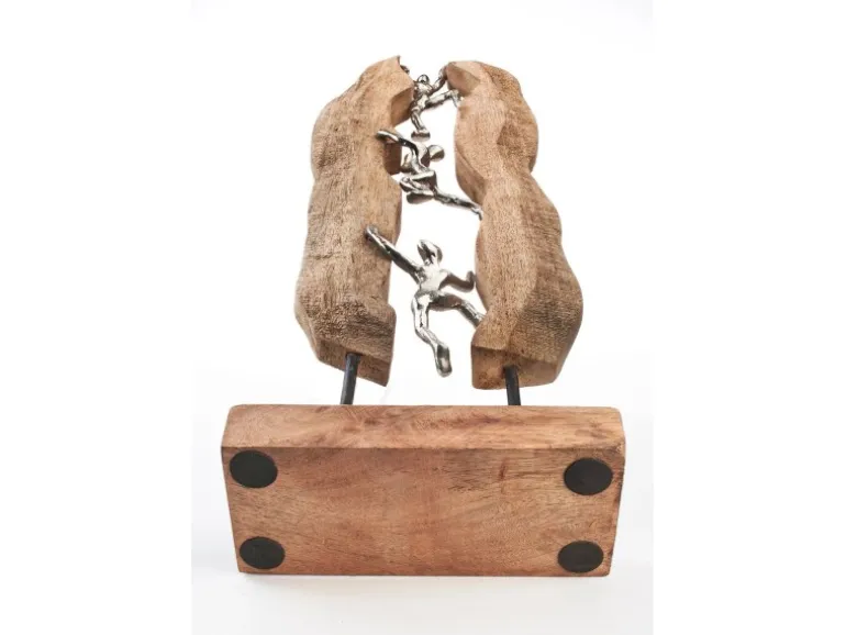Kobolo Dekofigur Holzdeko Holzfigur CLIMB Holz Braun und Metall Silber