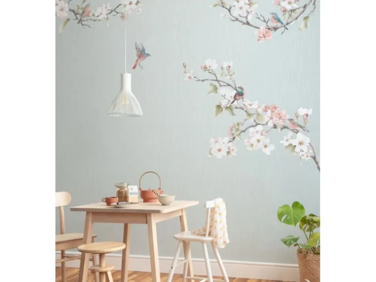 Komar Fototapete Blumen und Vögel Blau und Rosa 250 x 250 cm 611191